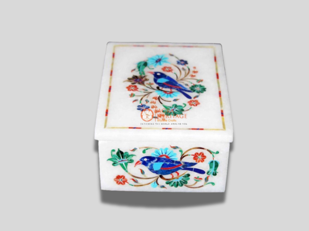 Birds Art Semi Precious Interior Marble Jewelry Box